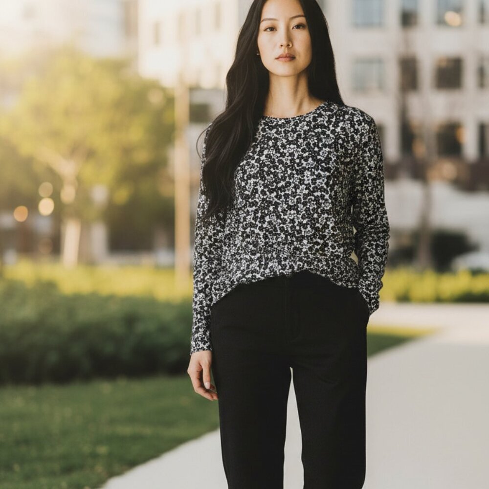 J Jill Wearever Collection Floral Tunic Long Sleeve Blouse back tie size M